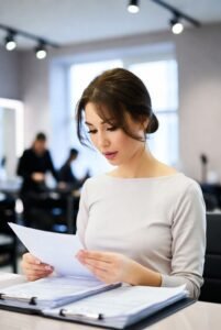 Beauty professional reviewing paperwork at a desk inside a modern salon.